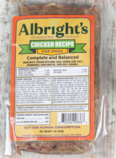 Albright’s Raw Pet Food Announces Voluntary Recall of Select Chicken Recipe for Dogs Complete and Balanced, 1 lb Bricks (Lot #C001730)
